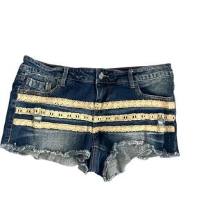 Y2K No Boundaries Crochet Lace Denim Shorts Distressed Frayed Sz 11 Booty Micro